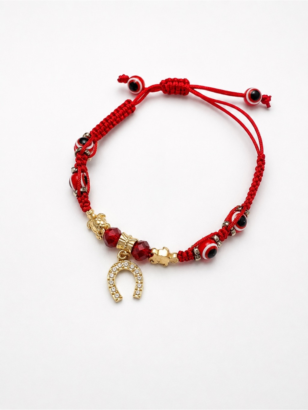 Red Evil Eye Lucky Charm Adjustable Bracelet | Horseshoe & Elephant | Gold Tone